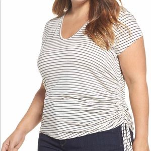 Sejour Womens 2XPlus V Neck Side Scrunch Navy Stri